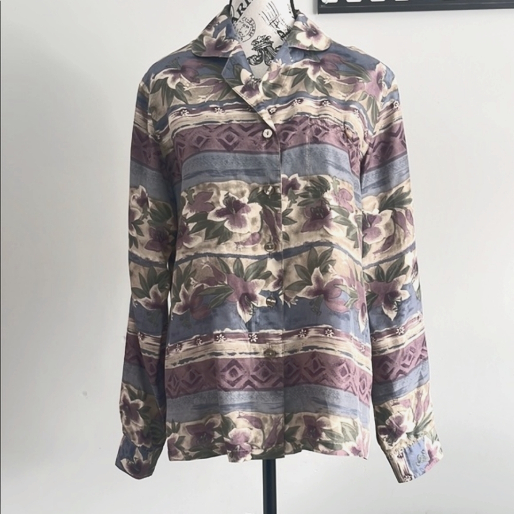 Vintage 90s Silk Blue Purple & green floral romantic cottage Blouse Medium